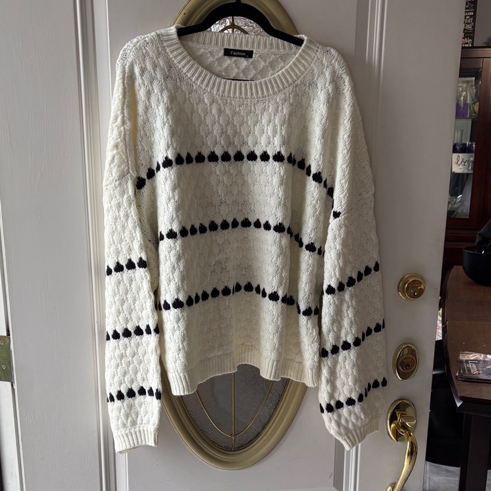 Women's Sweater in Cream with Black Stripes